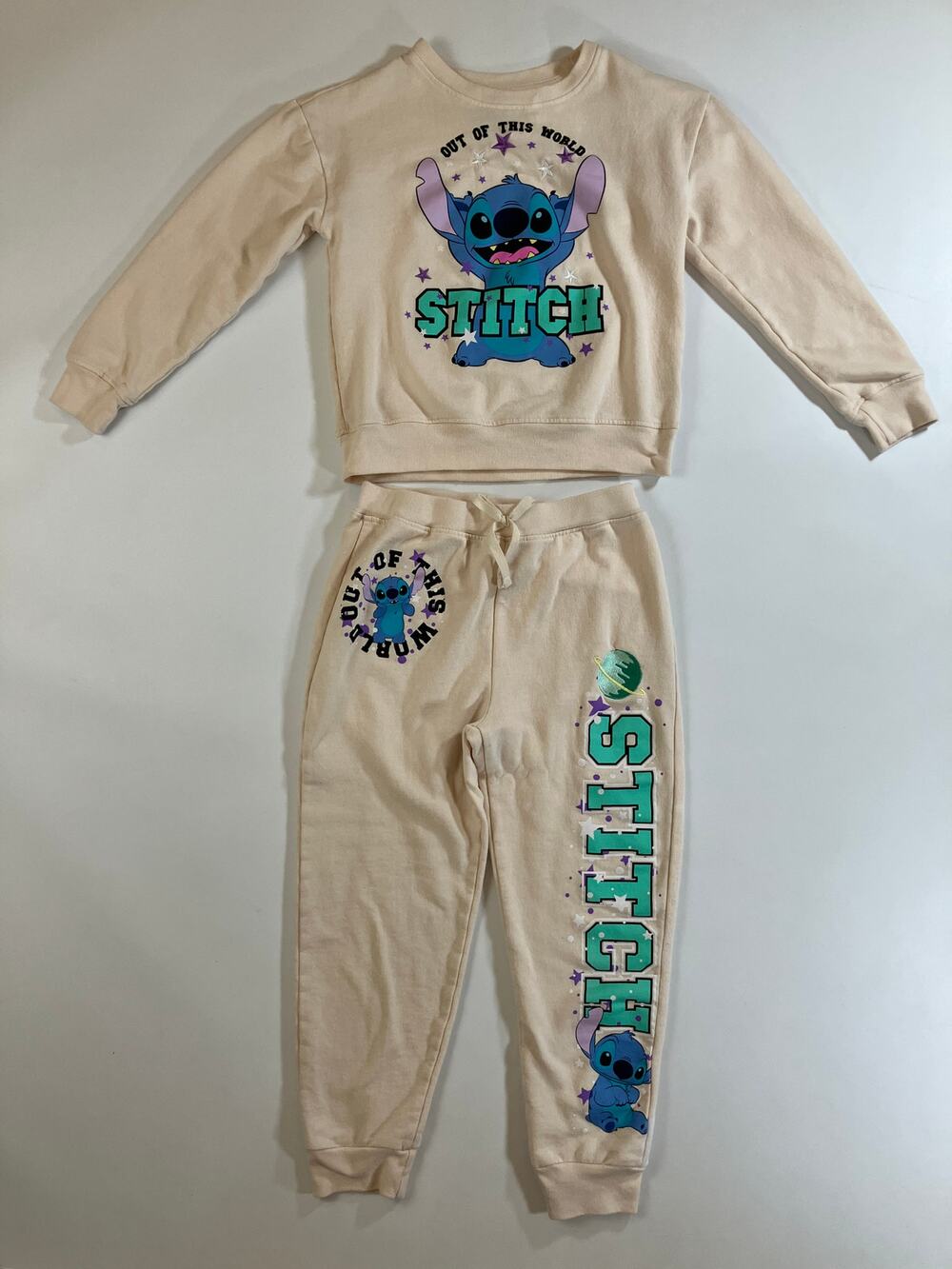 Disney Stitch Girls 7/8 Beige Out of This World Sweatshirt Jogger Set 2 Piece